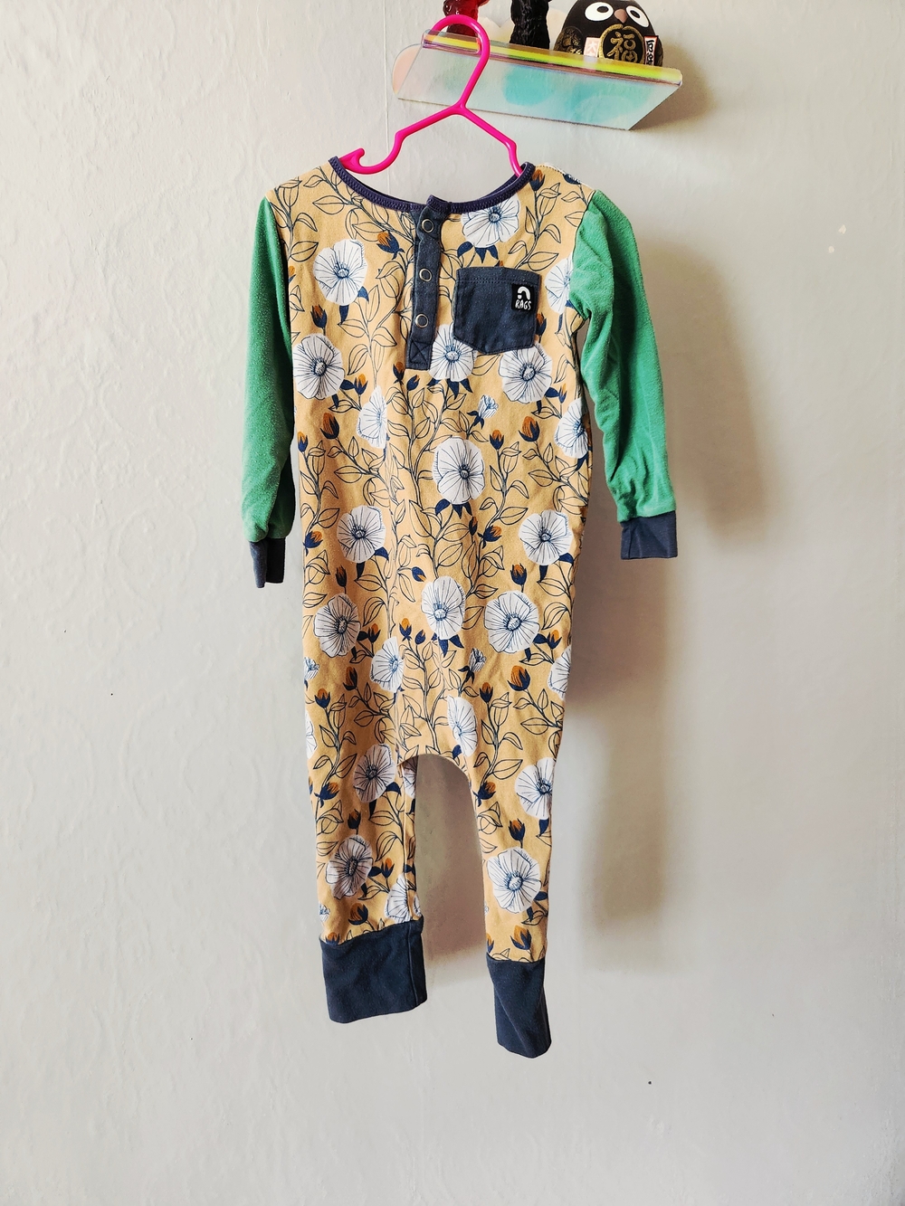 RAGS Mustard Floral Bodysuit with Green Sleeves